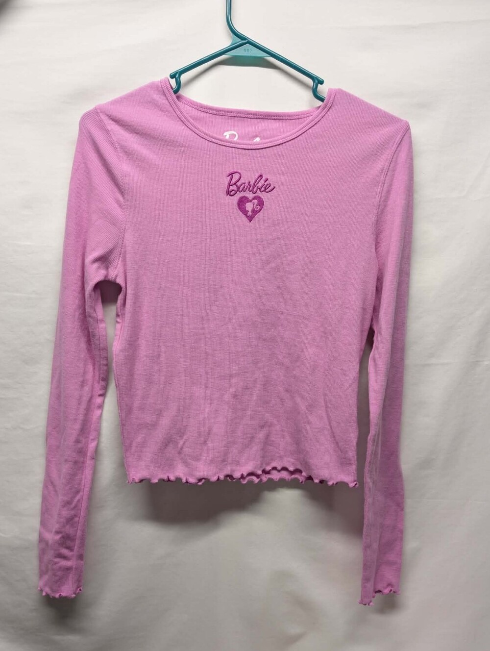 Nwot Barbie Long-Sleeve Light Pink Ribbed Top with Heart Logo